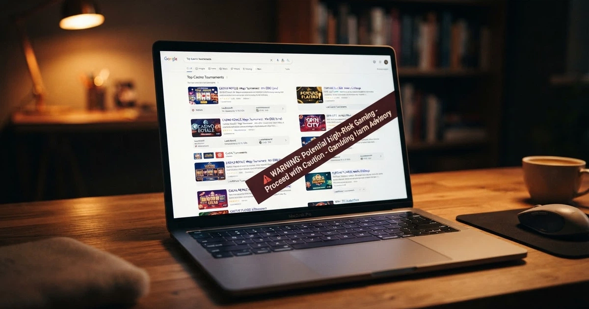 Un écran affichant la page de résultats Google pour « tournoi casino en ligne » avec des résultats de comparateurs mélangeant offres légales et illégales, et une bannière d'avertissement ANJ en surimpression.